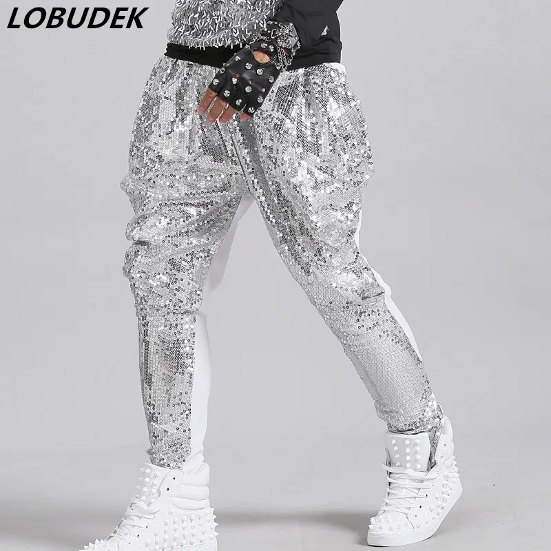 Tide Mâle Argent Paillettes Sarouel Bar Chanteur De Scène Danseur Hip Hop Rock Performance Pantalon Lâche Décontracté Trouper Street Dance Shinny Costume