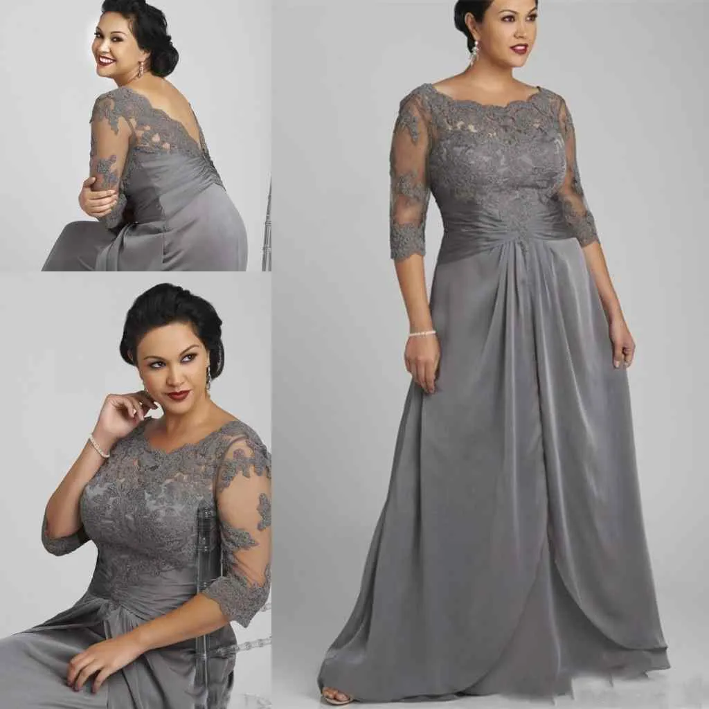 2020 Plus Size Silver Grey Mother Off Bride Dresses Lace Appliques Illusion Ruched Backless Sweep Train Column Wedding Guest Eveni234U