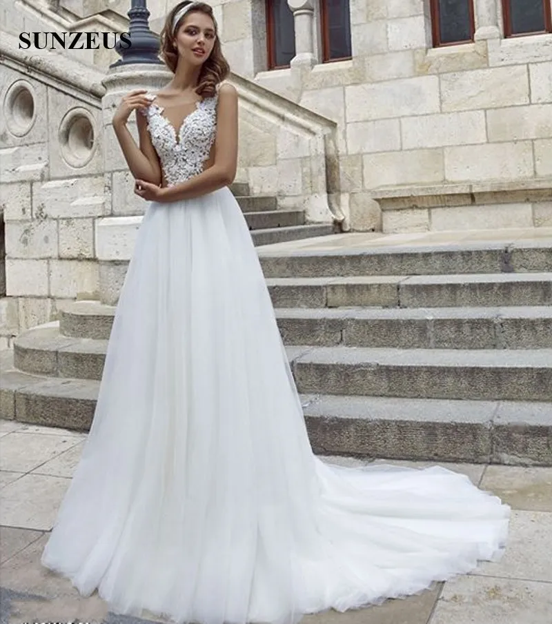 Ilusión apliques vestido de novia 2018 blusa atractivo de largo simple tul vestidos de novia