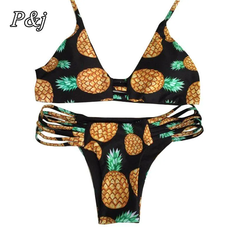 Pj novo estilo ananas comosus impressão bikini swimsuit bandage floral acolchoado swimwear mulheres bikinis sexy fatos de banho brasileiros