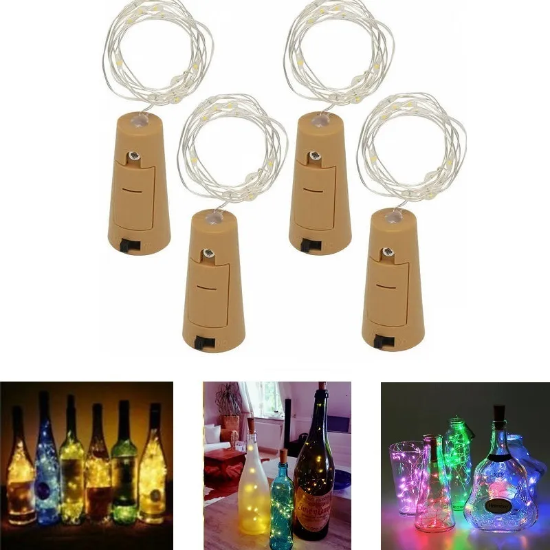 2m 20ed argento filo di vetro Vino LED String Light Sughero a forma di vino Bottiglia di vino Stopper Lampada luminosa natalizia decorazione della festa