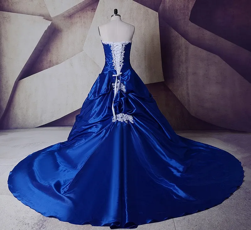 2022 Royal Blue White Wedding платья настоящие фотографии Дешевые аппликации бисером блестение поездов Длинные свадебные платья плюс размер новый