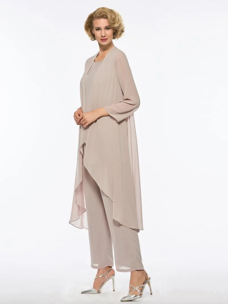 Schicke, stilvolle Hosenanzüge für die Brautmutter, elegante dreiteilige Chiffon-Kleider für die Strandhochzeit, Outfits mit Jacke, Pant271d