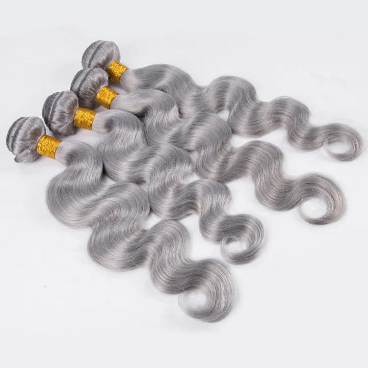 Virgin Brazilian Silver Grey Human Hair 4 buntar handlar om frontlåsning kroppsvåg färgad grå full spets frontal 13x4 med väv