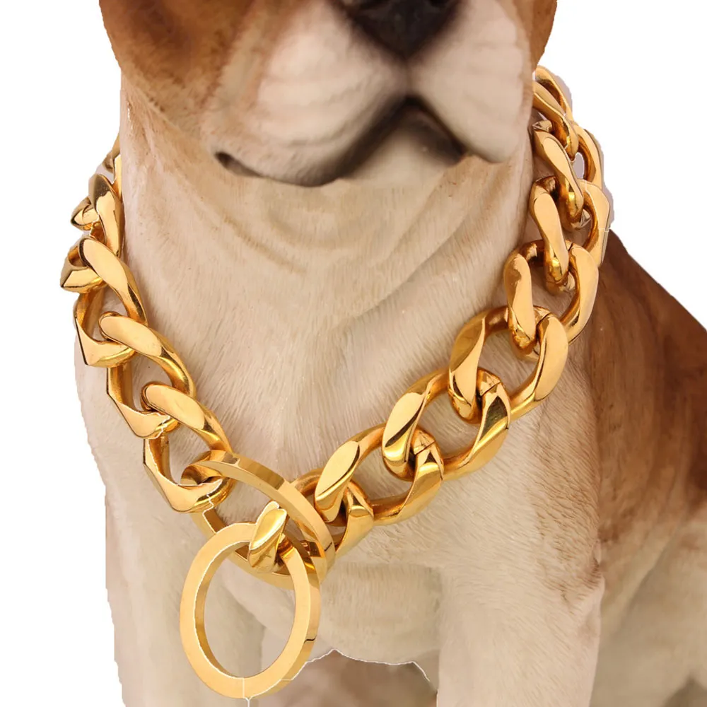 Top quality 19mm 12~34 inch Gold Silver Tone Double Curb Cuban Pet Link Stainless Steel Dog Chain Collar Wholesale Pet Necklaces