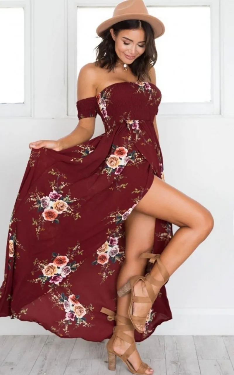 Vente chaude Femmes Imprimé Floral Sans Bretelles Boho Robe De Soirée Robe De Soirée Longue Maxi Robe D'été Robe D'été Robes Décontractées, Plus La Taille XS-5XL