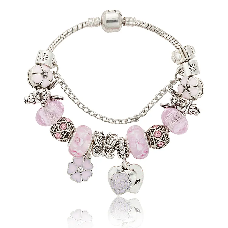 Pembe sakura aşk kalp Kolye Charms Bilezik Pandora için 925 Gümüş Orijinal logolu Kadınlar için 3mm Yılan Zincir Charm Bilezikler