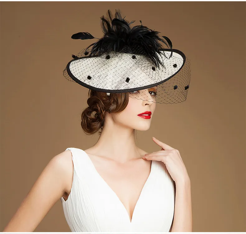 Vintage Lady czarny i kość słoniowa kapelusz idealna klatka dla ptaków chluba welon z piór ślubne akcesoria ślubne Party kobiety panna młoda Fascinator kapelusz