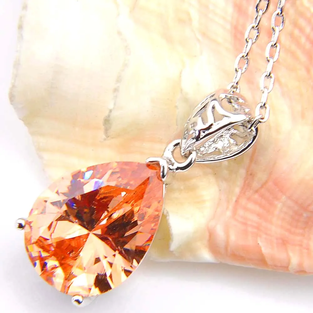 Luckyshine優れた輝きドロップChampagne Morganite Gemstone Silverペンダントネックレスキュービックジルコニアホリデーウェディングパーティー