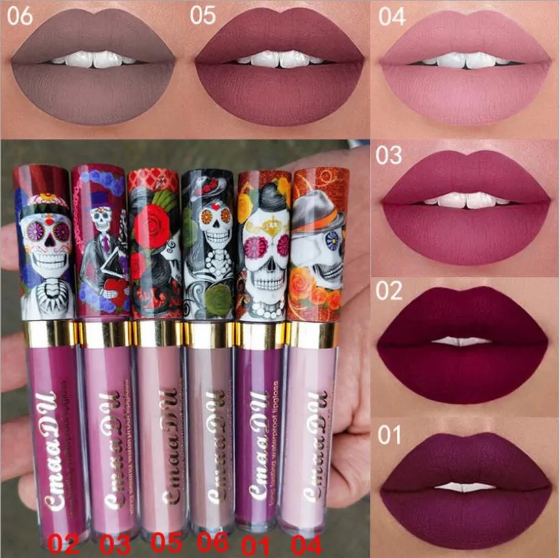 El maquillaje de color de moda, 6 colores, cuentas de metal mate, calaveras ligeras, lápiz labial de un solo color de labios