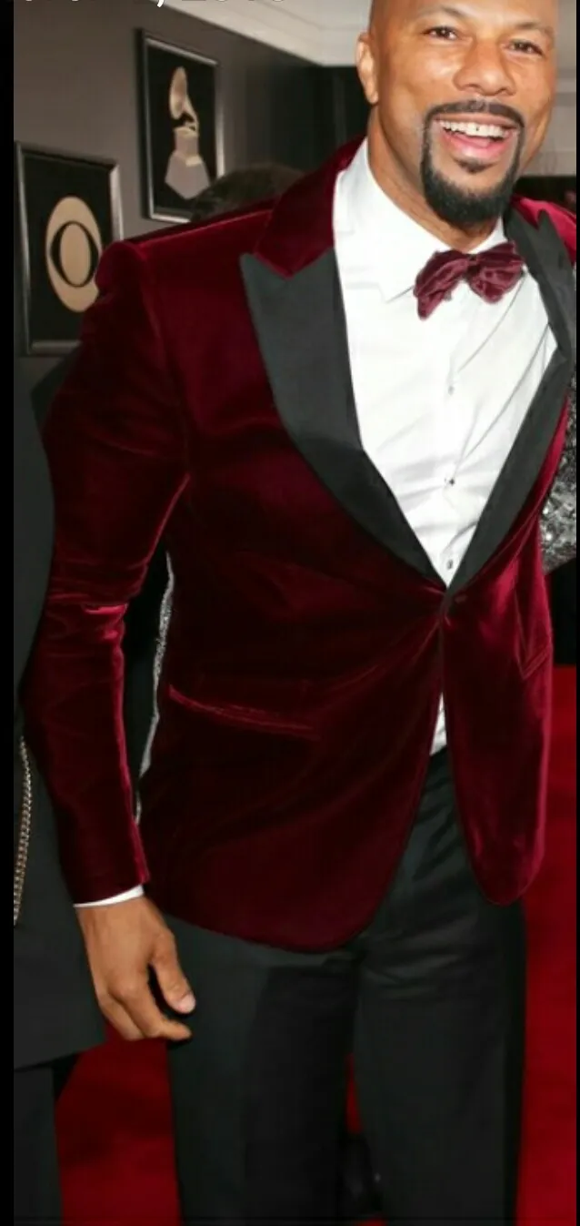 Yeni Moda Koyu Kırmızı Kadife Damat Smokin Mükemmel Groomsmen Blazer Erkekler Resmi Suit Parti Balo Suit Özelleştirmek (Ceket + Pantolon + Yaylar Kravat) NO: 197