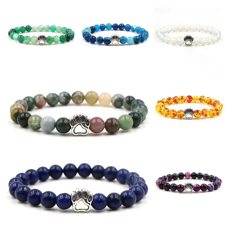 Bracelet à breloques patte d'empreinte, 7 couleurs, 8mm, Agate colorée, perles en pierre naturelle, bijoux extensibles pour amoureux des animaux de compagnie