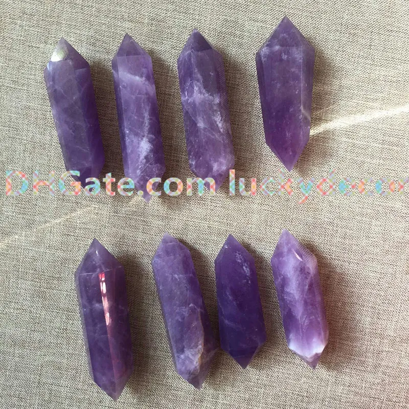 Magischer Amethyst-Edelstein-Kristall, doppelendige Stäbchen, Reiki-Werkzeug, Chakra-Heilung, polierter violetter Quarz-Therapiestab, Feng Shui P9153019