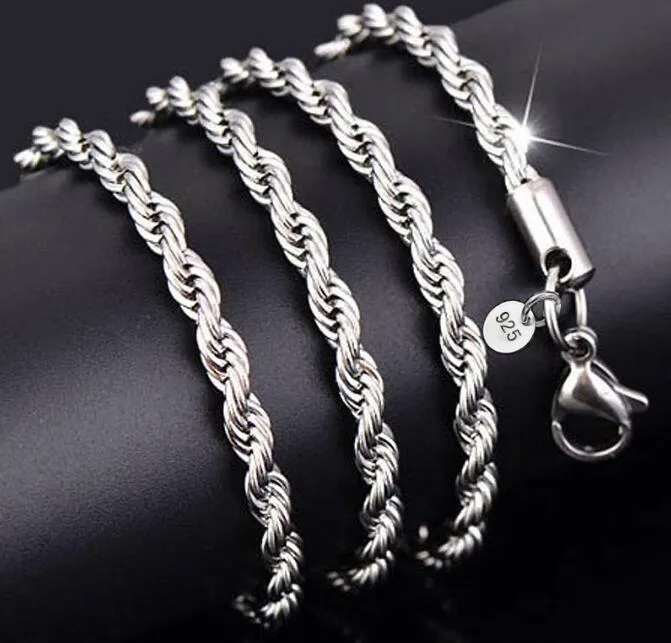 2018 Classic 4MM twisted rope chain necklace 16-24inches Fashion men necklace plating 925 sterling silver jewelry