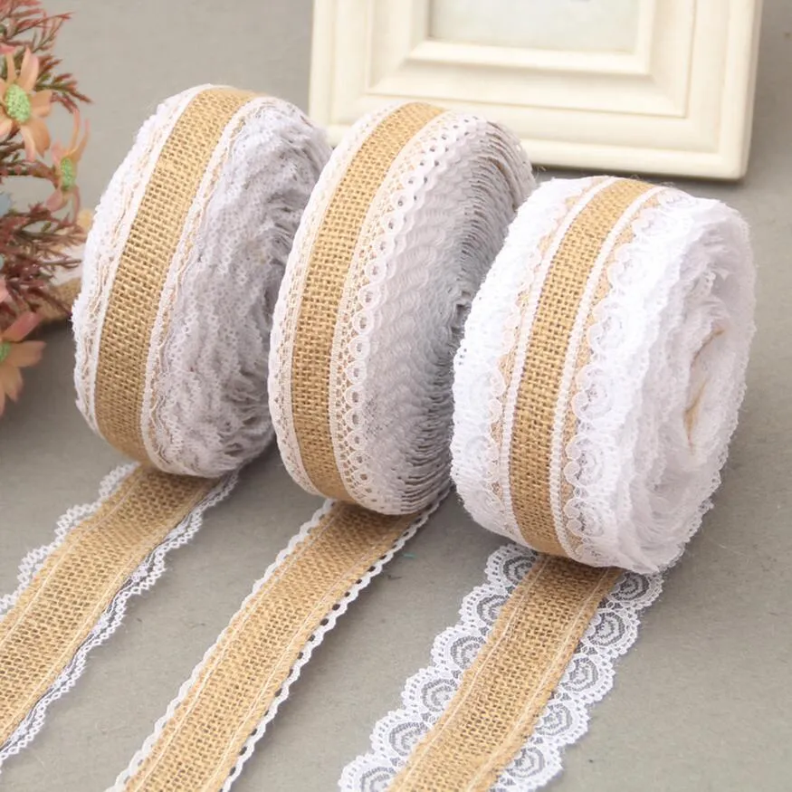 10m Natural Jute Burlap And Lace Ribbon Roll Vintage Wedding - Main Image