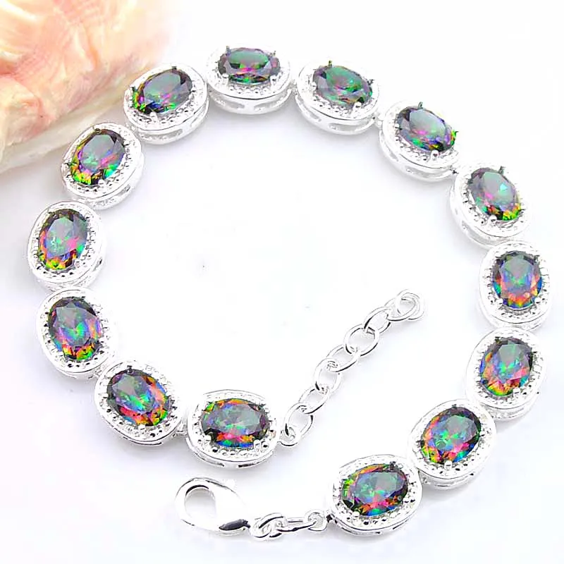 Classical Oval Shaped Mystical Rainbow Topaz Gem Silver Chain Bracelet Queen Gorgeous Zircon Fine Bracelet 8"inch B0002