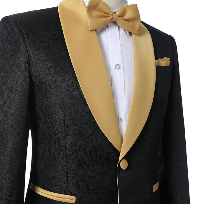 2018 marca noivo smoking padrinhos de um botão preto flor ouro xale lapela Custom Made Formal noivo desgaste homens casamento smoking ternos de casamento