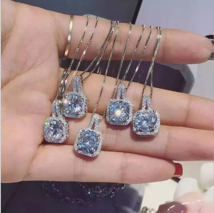 Fashion Simple Jewelry 925 Sterling Silver Round Cut 5A Cubic Zirconia CZ Party clavicle Chain Diamond Women Cute Necklace Pendant Gift