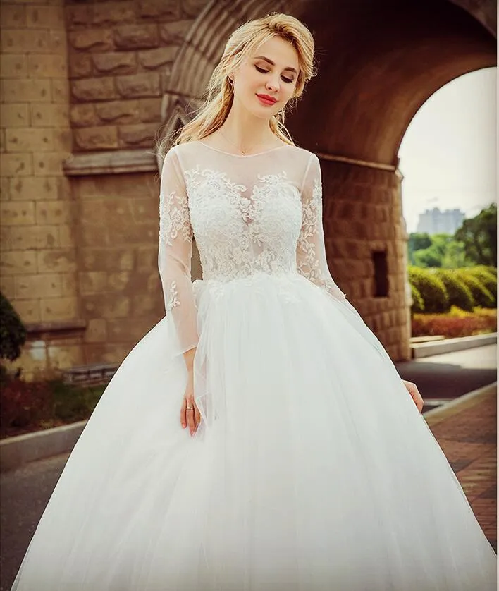 High-Quality Fashion Wedding Dresses New Bride A Word Shoulder Tail White Round Neck Back Button Mop Beach Wedding Dresses