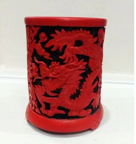 Wykwintowany Chiński Kwiat Red Cinnabar Lacquer Dragon Vase Pen Pen Pen