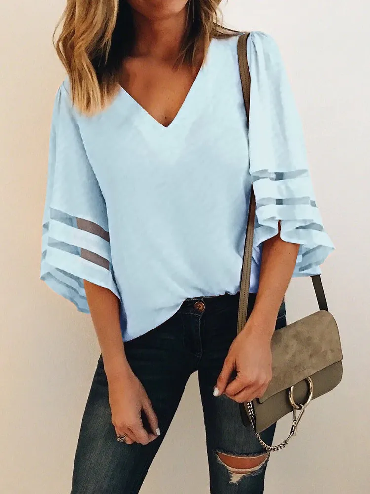 New Women Summer Loose V Neck Tops Ladies Mesh Stitching 3/4 Sleeve Casual  Holiday Blouse Shirt Female Blusas Tunic Shirts Tops