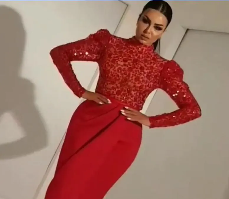 Abendkleid Yousef Aljasmi Rote Spitze Stehkragen Schößchen Langarm Almoda Gianninaazar Zuhair Murad Kim Kardashian Ziadnakad