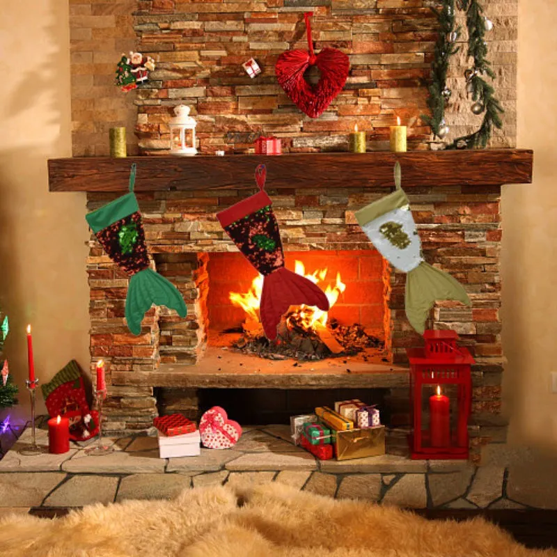 Calze natalizie con paillettes a coda di pesce, sacchetti regalo per caramelle, albero di Natale, ornamento da appendere al caminetto, decorazione per la finestra di casa