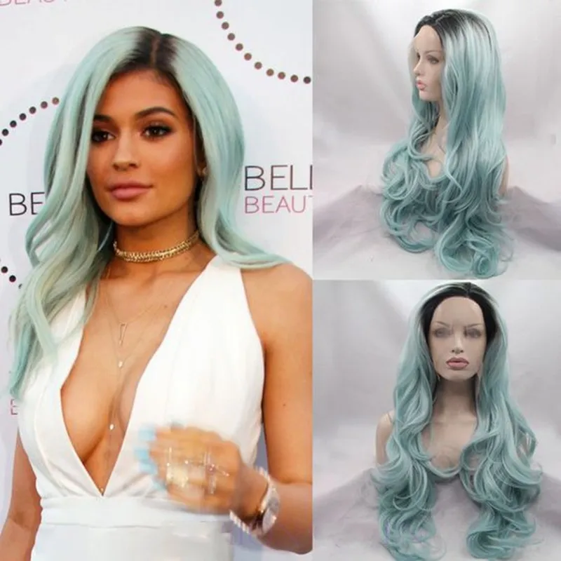 Stile Kylie Jenner Parte centrale Blu Ombre Glueless Parrucche anteriori in pizzo ondulato naturale Capelli sintetici fatti a mano Lunghi Parrucche per le vacanze da donna