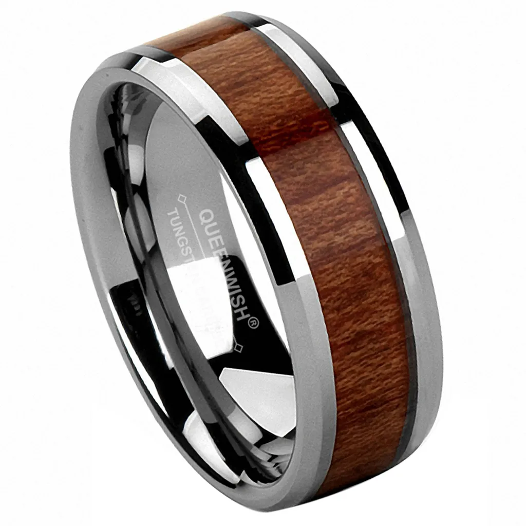 Women's 6mm Tungsten Ring With Koa Wood & Turquoise Inlay – Vintage Wedding Band, Hypoallergenic, Scratch Resistant