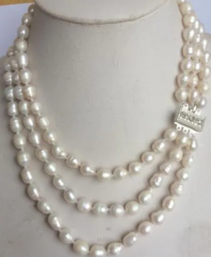 Hand knotted necklace 3 row 7-8mm freshwater cultured white rice pearl 43-48cm fashion jewelry