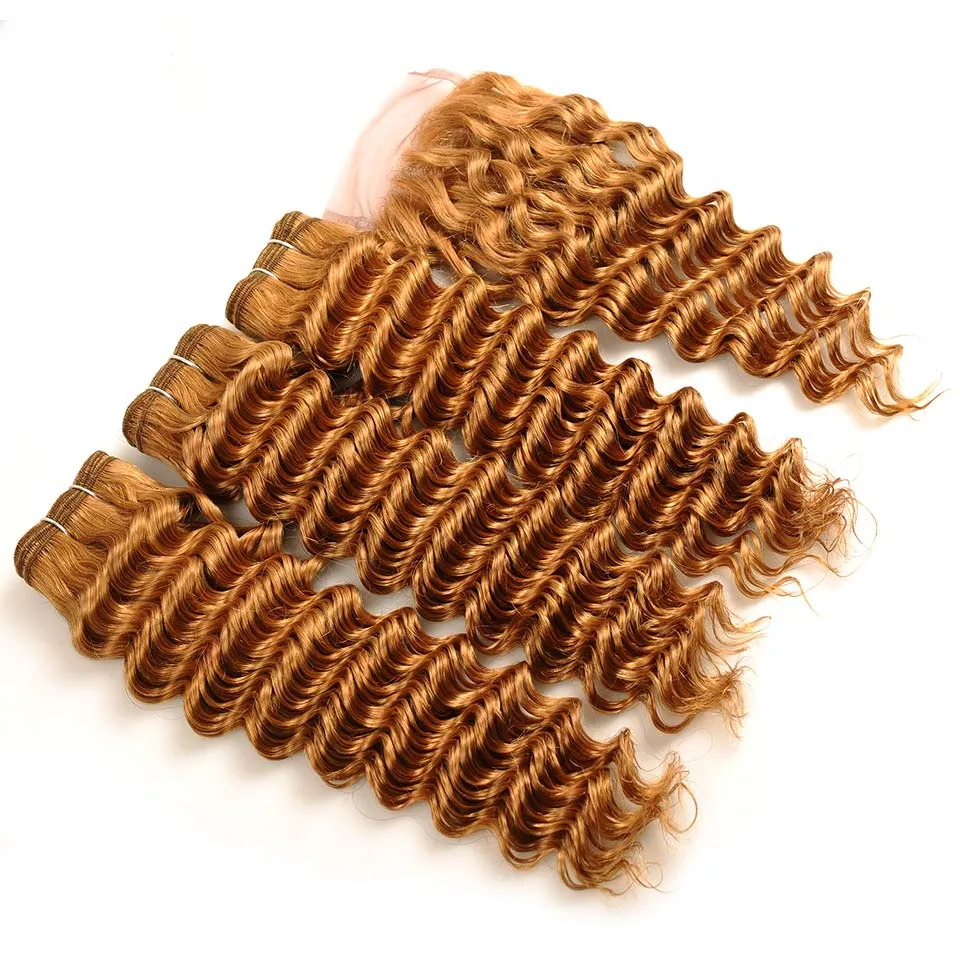 Pacotes de cabelo loiros de ondas profundas com fechamento de renda Extensão de cabelo peruano curly virgem e 4x4 fechamento de tampa de renda lot9894647