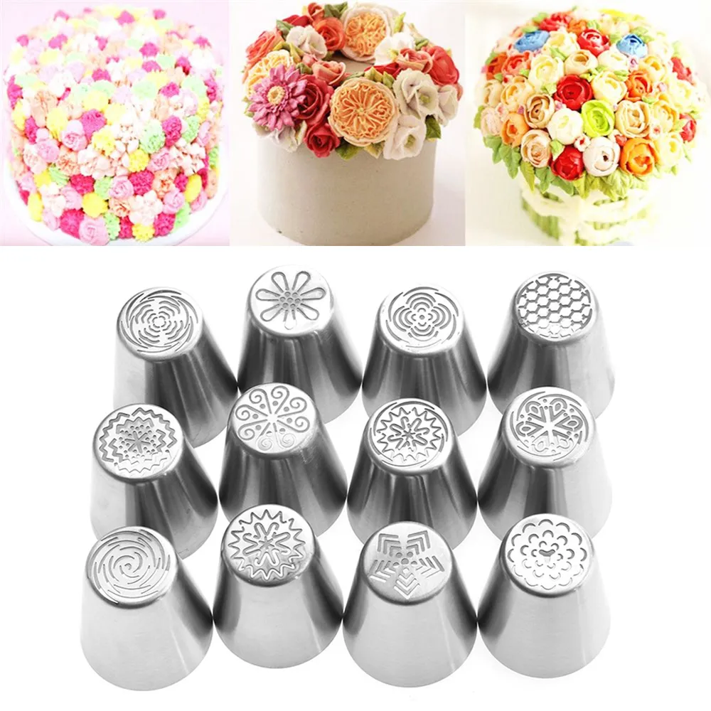 New 12 Pcs/set Kitchen Sugarcraft Russian Icing Piping Nozzles Pastry Tips Stainless Steel Fondant Cake Decor With One Convertor