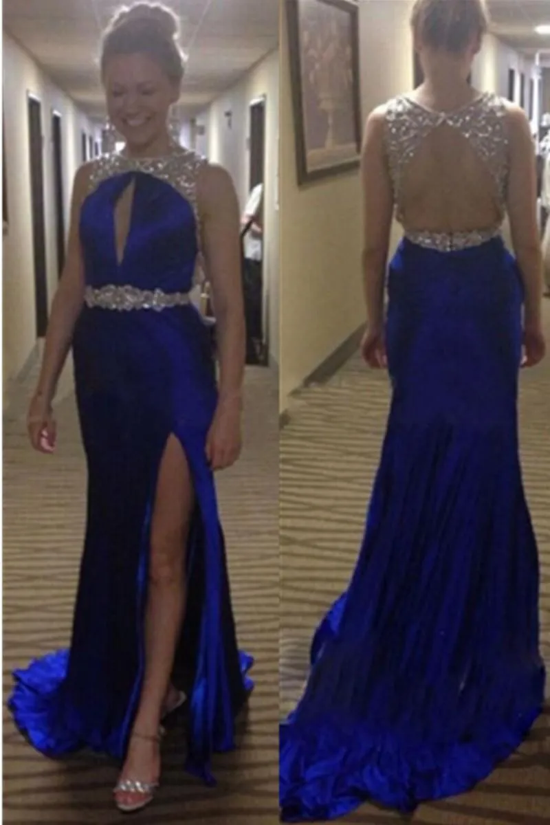 Blue Satin Crystal Backless Average Prom Dress Cost With Split Elegant