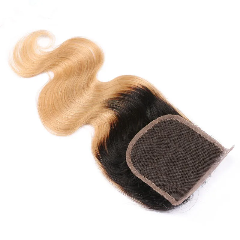 Dark Root Honey Blonde Ombre Virgin Peruvian Human Hair Bundles Deals with Closure Body Wave 1B27 Light Brown Ombre Human Hair We6480458