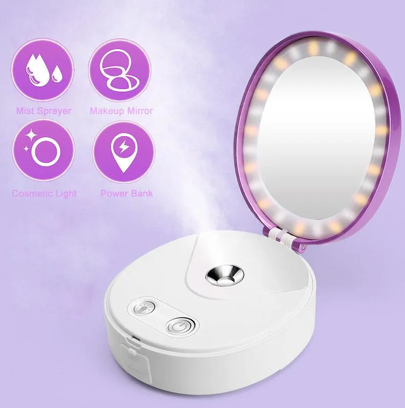 Multifuncional Portátil Maquiagem Cosméticos Luzes Espelho Nano Névoa Pulverizador Facial Corpo Steamer Hidratante Face Banco de Potência