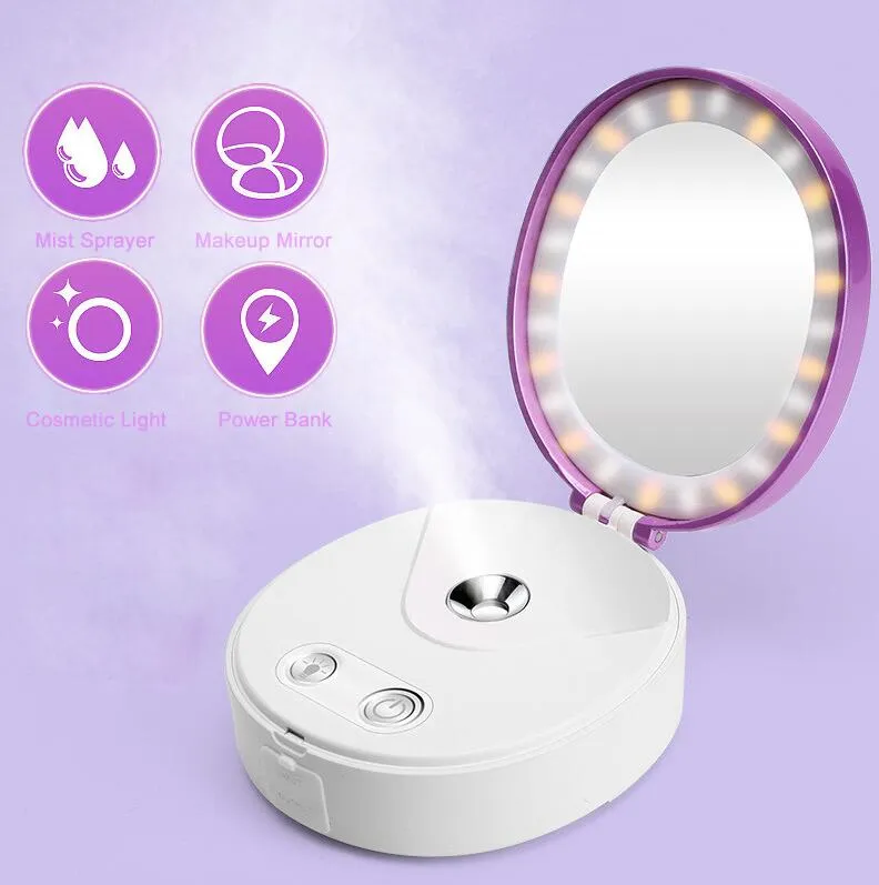 Multifunctionele Draagbare Make-up Cosmetische Lichten Spiegel Nano Mist Spuit Facial Body Steamer Moisturizing Face Power Bank