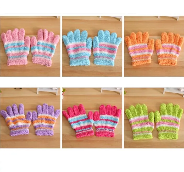 coral fleece warm gloves Children winter warm Finger Gloves Baby five fingers warm gloves mittens colorful stripe mittens for 2-5 years kids