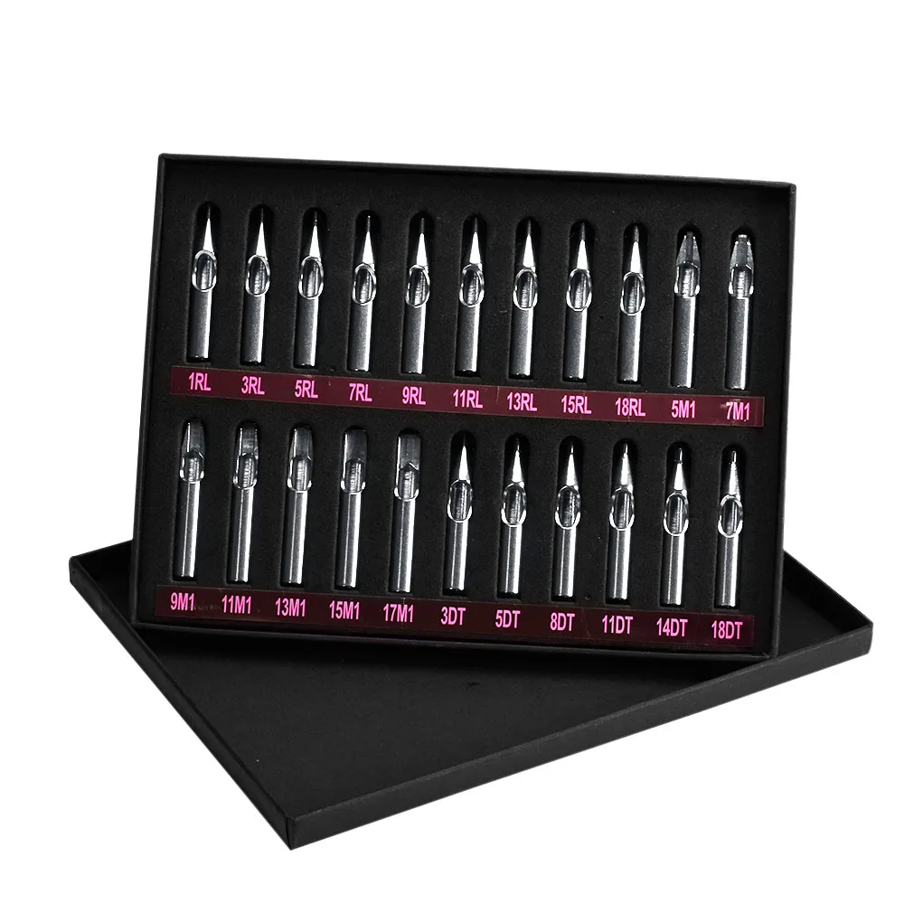 22 embouts de tatouage 304 aiguilles de tube de buse en acier inoxydable Kit réutilisable de mélange de machine avec 6pcs tubes de poignées de couleurs de mélange d'aluminium