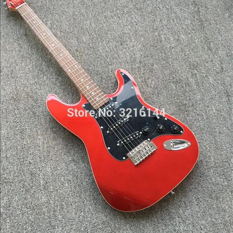 High quality electric guitar ST, metal red, all colors can be, factory wholesale and retail. Black pickup. Can be modified