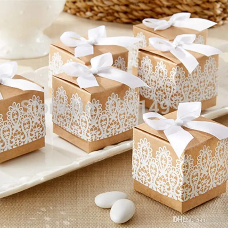 Boîtes à bonbons de forme carrée pour faveur de mariage boîte-cadeau en papier kraft Style européen étui en dentelle rustique 0 35hb ff