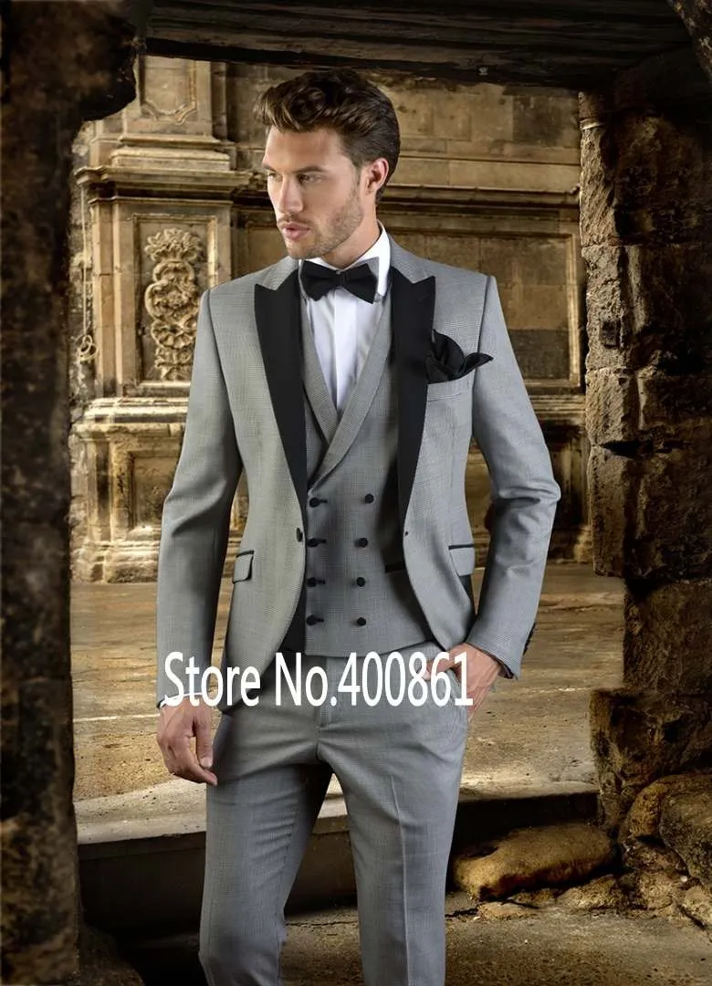 Klasik Stil Bir Düğme Açık Gri Damat Smokin Tepe Yaka Groomsmen Best Man Blazer Erkek Düğün Takımları (Ceket + Pantolon + Yelek + Kravat) H: 652