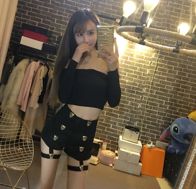 European Fashion Women's Sexy High Waist Bodycon Tunique Gold Leopard Head Patchwork Hollow Out DS Performance Dancing Shorts P287B