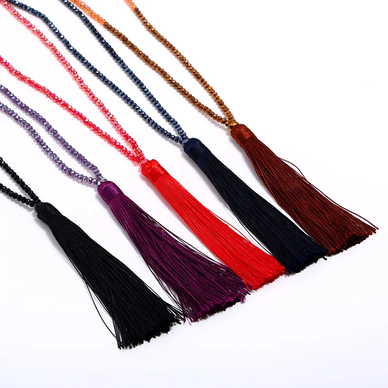 Brand New Tassel Colar De Seda Borla Contas De Vidro De Cristal Colares 90 cm Longo Colar Mulheres Presentes Da Moda Jóias