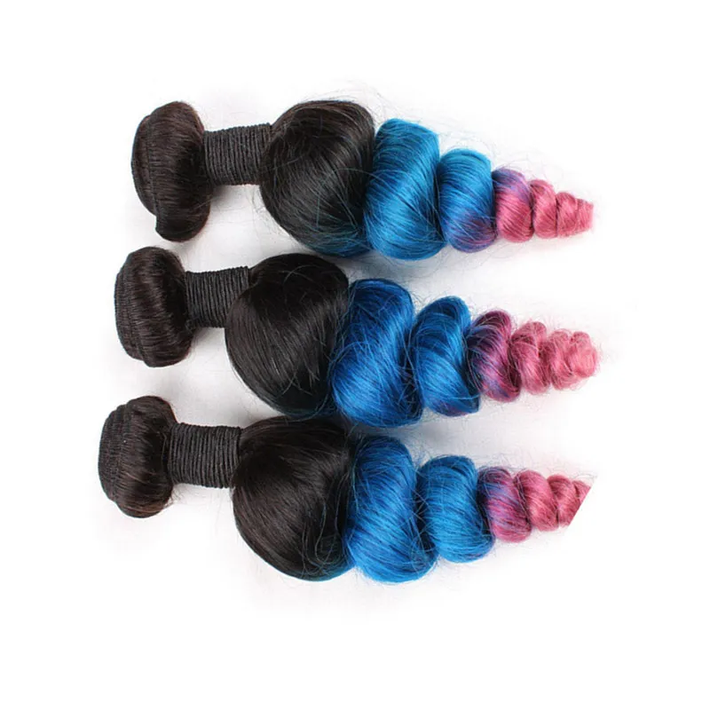 Três Tom Colorido # 1B / Azul / Rosa Cabelo Humano Peruano Ombre Tece Onda Solta Ondulado Rosa Azul Ombre Cabelo Virgem Pacotes ofertas