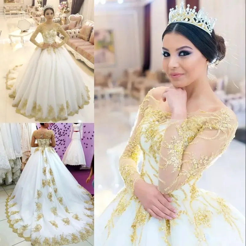 Luxo Ouro Applique Wedding Dress Sexy Off Ombro frisada Sheer mangas compridas vestidos de casamento Tulle Glamorous Arábia árabe do vestido de casamento