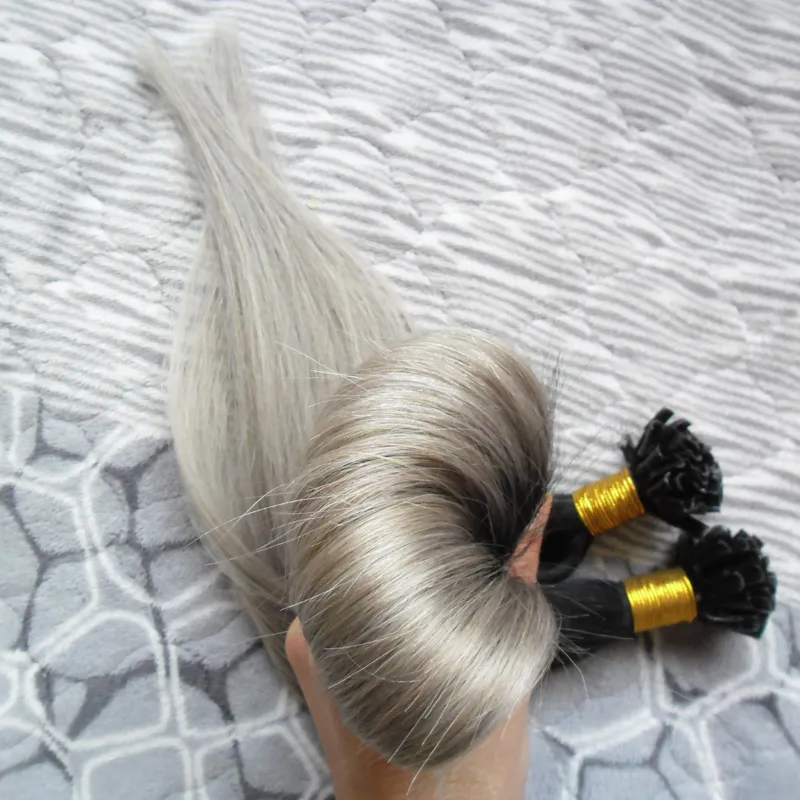 T1B / Серый Оммре Кератин Человека Fusion Hair Machine сделала Remy Nail U Tip Capsule Наращивание человеческих волос 100 г / прядью серебро