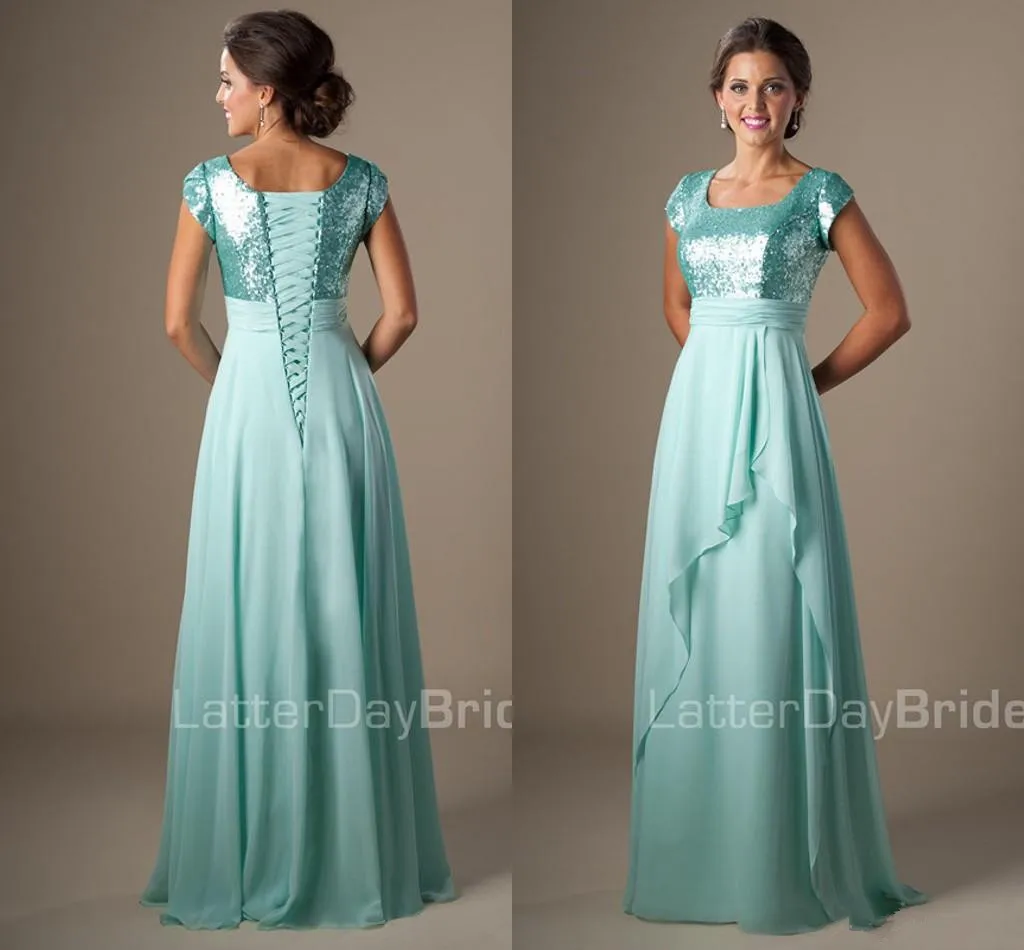 Lentejuelas de menta Gasa Vestidos de dama de honor modestos Mangas cortas Noche Vestidos de damas Lentejuelas de menta Gasa Vestidos de dama de honor modestos Mangas cortas Noche Vestidos de damas