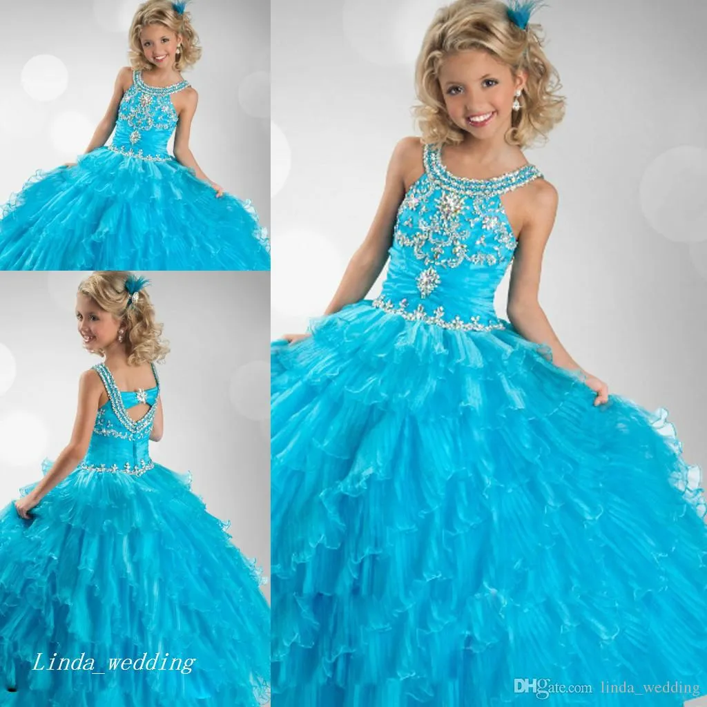 New Arrival Cute Blue Girls Pageant Dress Princess Zroszony Ruffles Party Cupcake Prom Dress na krótką dziewczynę ładna sukienka na małe dziecko