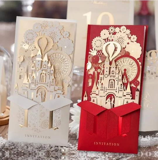 100Sets Wishamde New Láser Cut -up Castle 3D Tarjeta de invitación de boda gratis envío expreso
