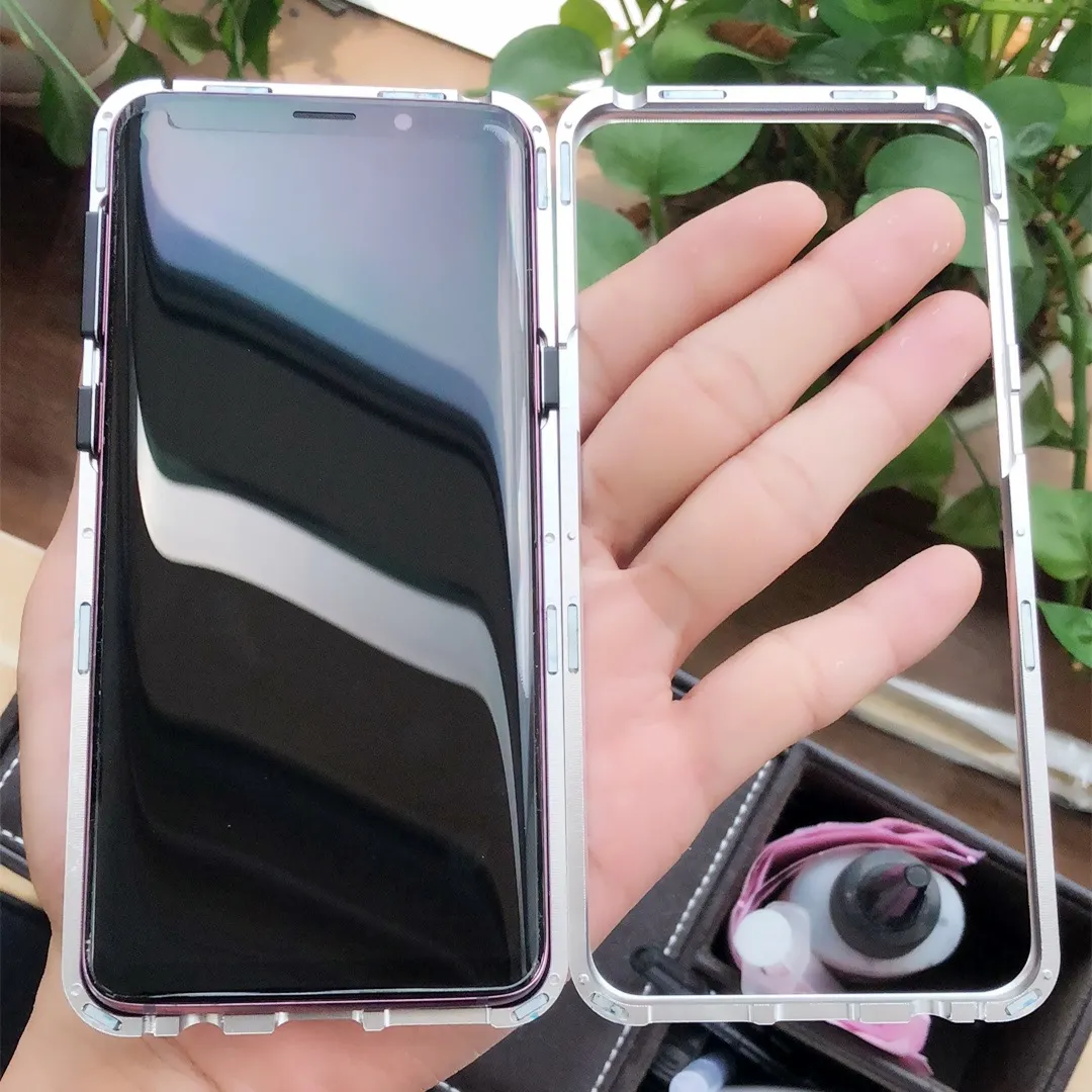 Magnética adsorção flip phone case para samsung galaxy s9 imã de luxo de metal de vidro temperado tampa traseira para samsung s9 plus